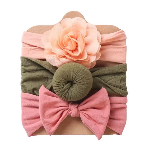 Other - Floral and Bow Kids Headband Set - Pink and Green